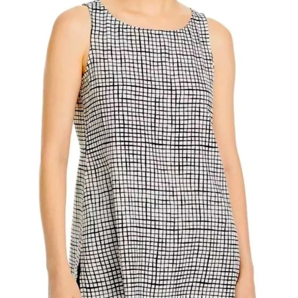 Eileen Fisher Textured Crepe Grid Long Shell Black &White Sleeveless Tank Top - Picture 5 of 9